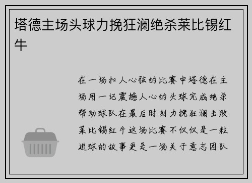 塔德主场头球力挽狂澜绝杀莱比锡红牛